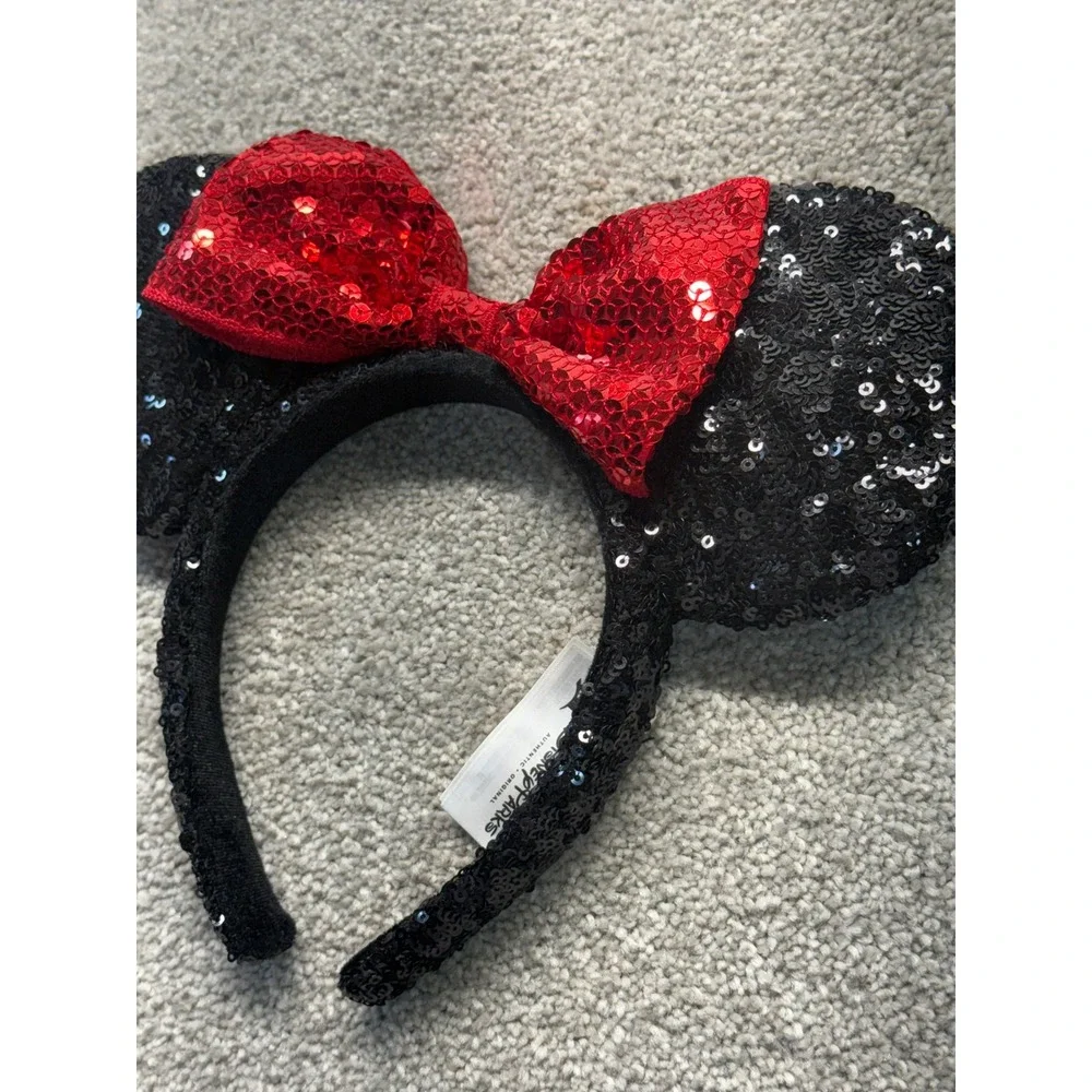 Disney Parks Minnie Mouse Sequin Ears Headband Red Bow Black Sparkle Accessory